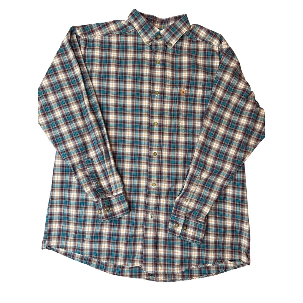 Ariat Pro Series Francois Mens Teal Maroon Plaid Stretch LS Shirt 10041739 L